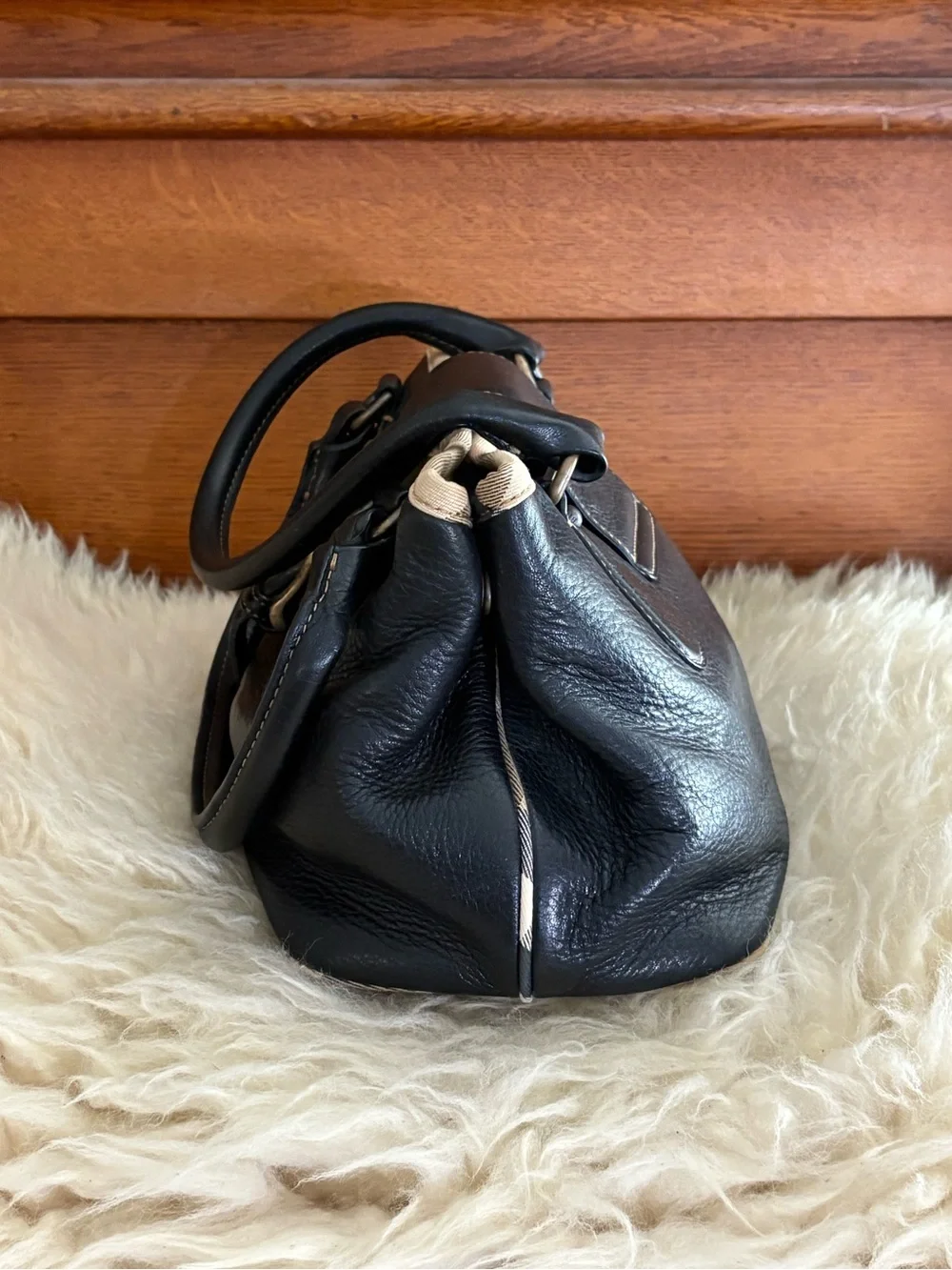 Burberry Black Pebble Soft Leather Satchel Bag with Plaid Trim